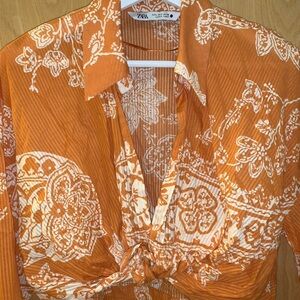 ZARA Orange and White Printed Tie-Front Button-Down Top